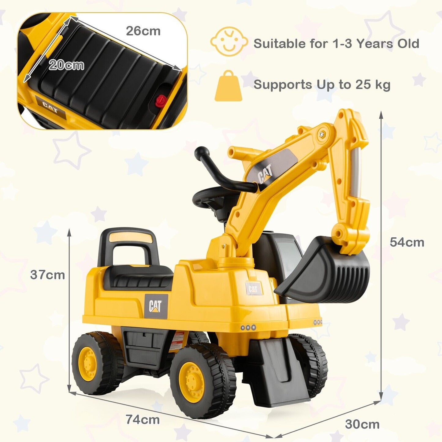 Kid's Rid-On Digger with Rotatable Digging Bucket-Yellow