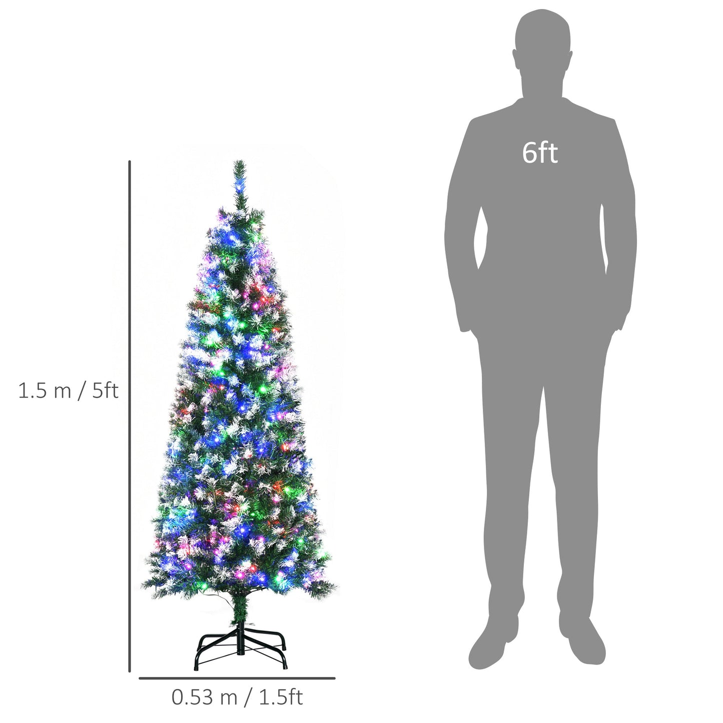 HOMCOM 5FT Tall Prelit Pencil Slim Artificial Christmas Tree with Realistic Branches, 250 Colourful LED Lights and 408 Tips, Xmas Decoration, Green