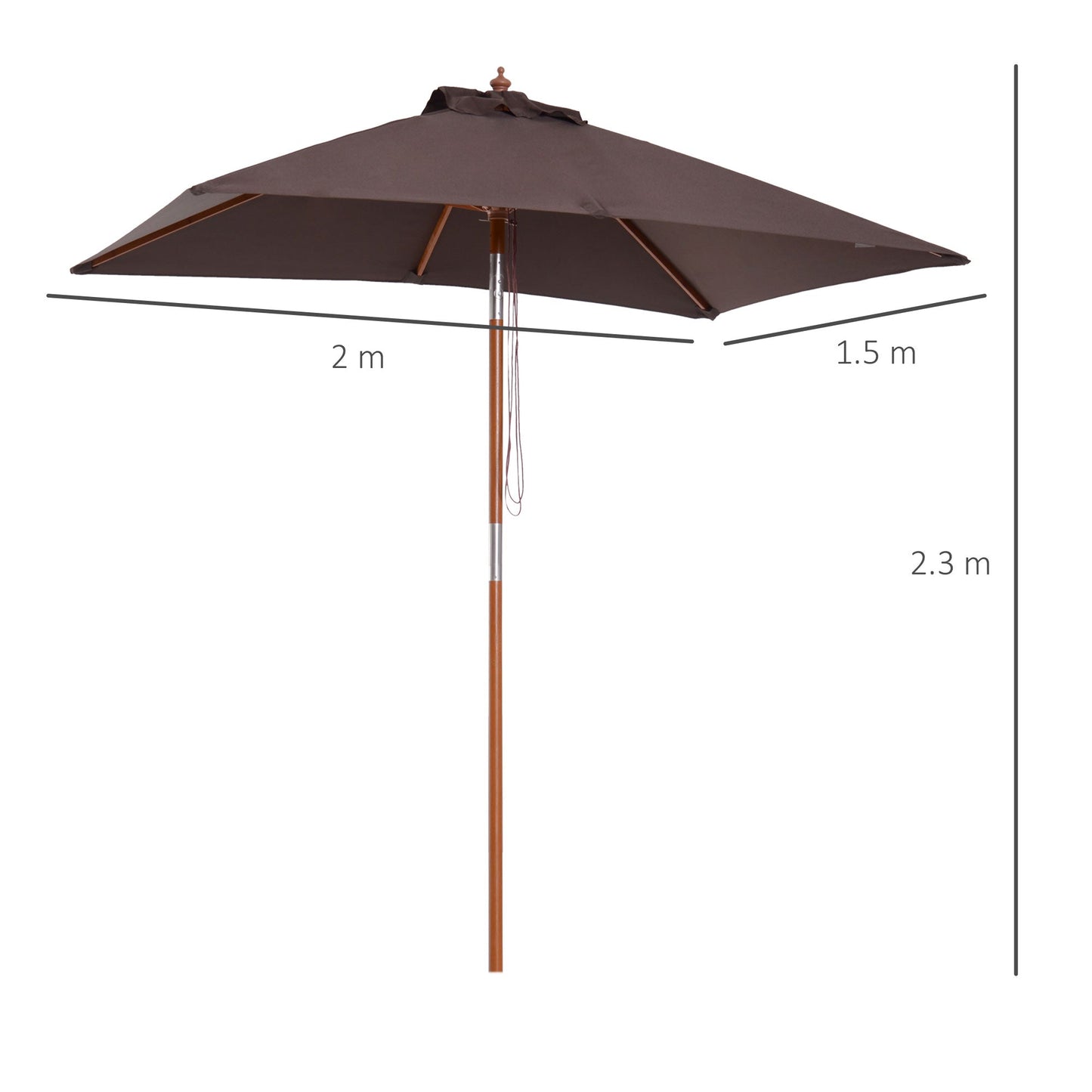 Outsunny 2m x 1.5m Garden Parasol Umbrella with Tilting Sunshade Canopy, Outdoor Market Table Umbrella with Wood and Bamboo Frame, Coffee