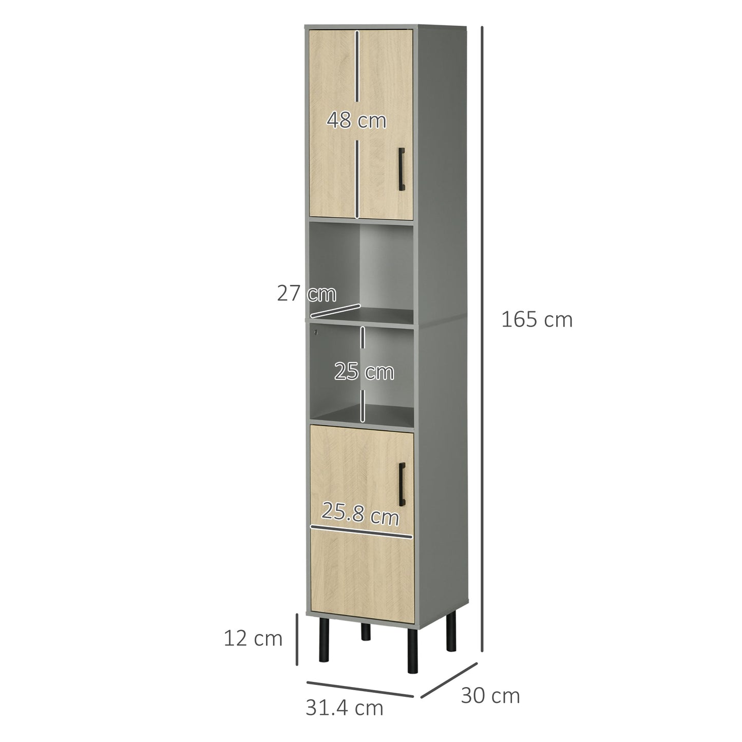 kleankin Freestanding Bathroom Storage, Tall Bathroom Cabinet with Door and Adjustable Shelves, 31.4x30x165cm