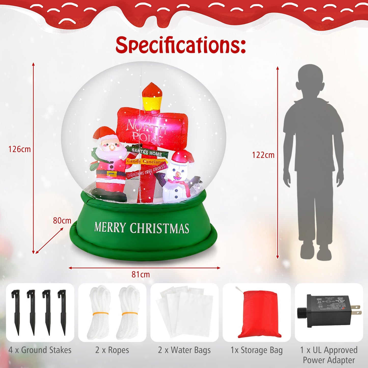 126 cm Christmas Light Up Crystal Ball Santa Snow Globe