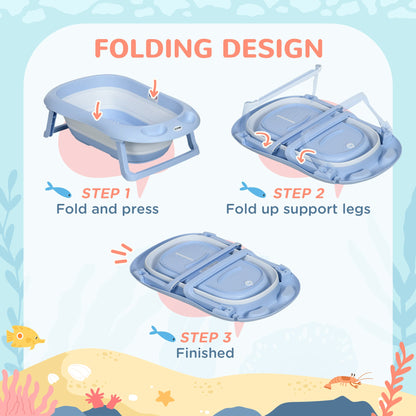 ZONEKIZ Foldable Baby Bathtub, with Non-Slip Support Legs, Cushion Pad, Shower Holder - Blue