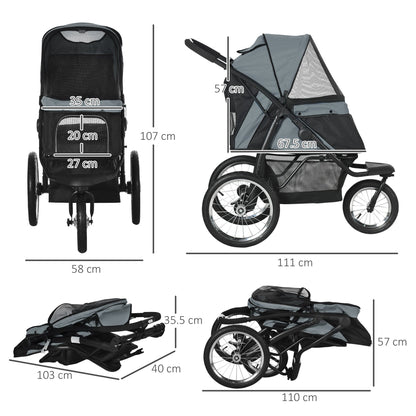 PawHut Pet Stroller Jogger for Medium, Small Dogs, Foldable Cat Pram Dog Pushchair w/ Adjustable Canopy, 3 Big Wheels - Grey