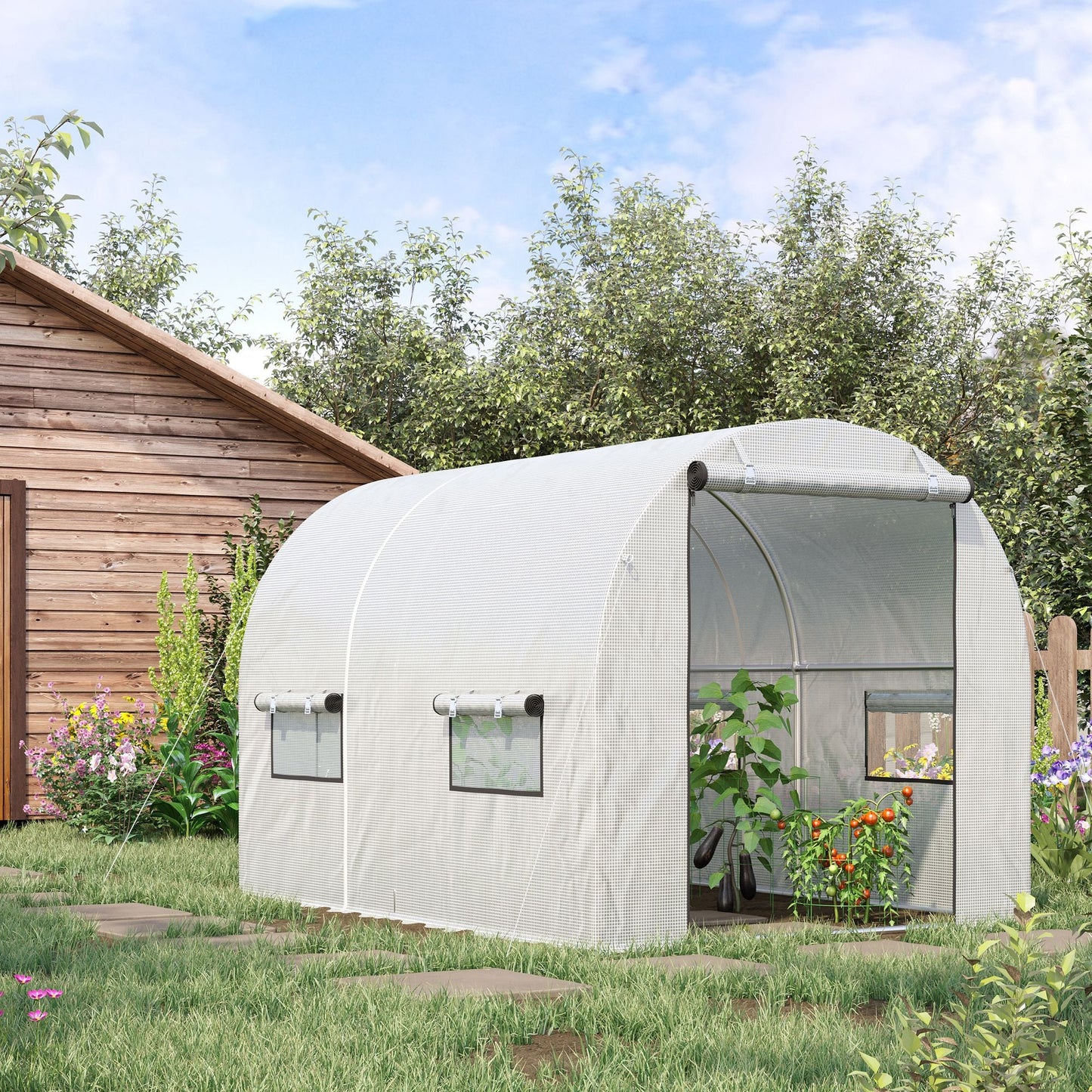 Outsunny Walk-in Polytunnel Lage Greenhouse with 2 Roll-Up Zipper Doors and 6 Roll-Up Windows , for Seedlings, Herbs, or Flowers, 4x2x1.9m, White