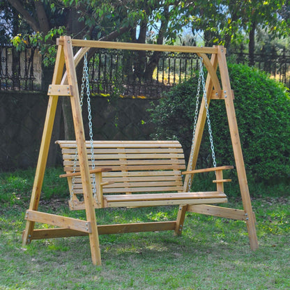 Outsunny 2 Seater Garden Swing Seat Larch Wood Swing Chair Hammock Bench Lounger - Nature