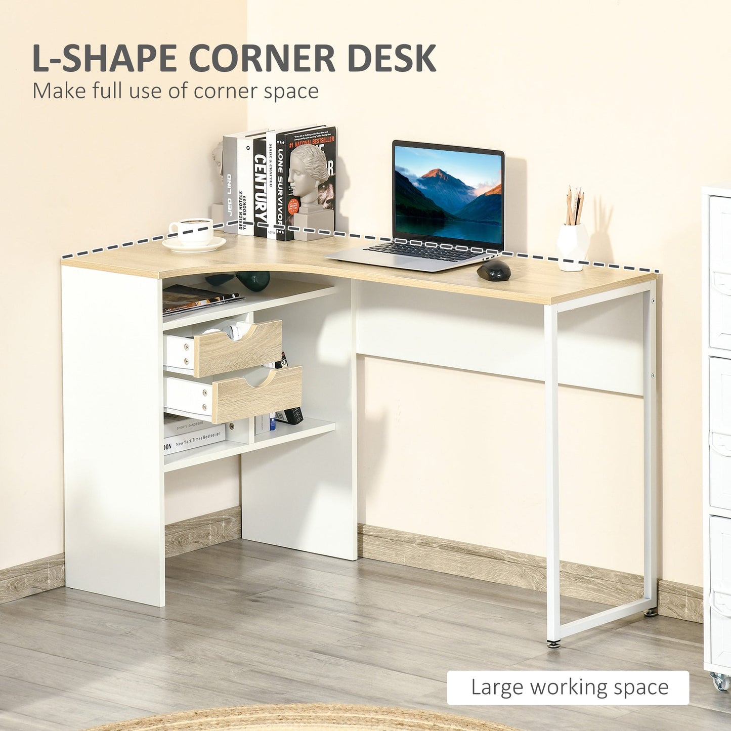 HOMCOM L-Shaped Corner Computer Desk Study Table PC Work w/ Storage Shelf Drawer Smooth Slide Office Home Workstation Space Saving - Light Brown