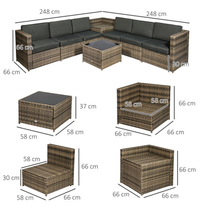 Outsunny 6-Seater Outdoor Rattan Wicker Sofa Set with Hidden Storage Side Table and Cushions, Mixed Brown