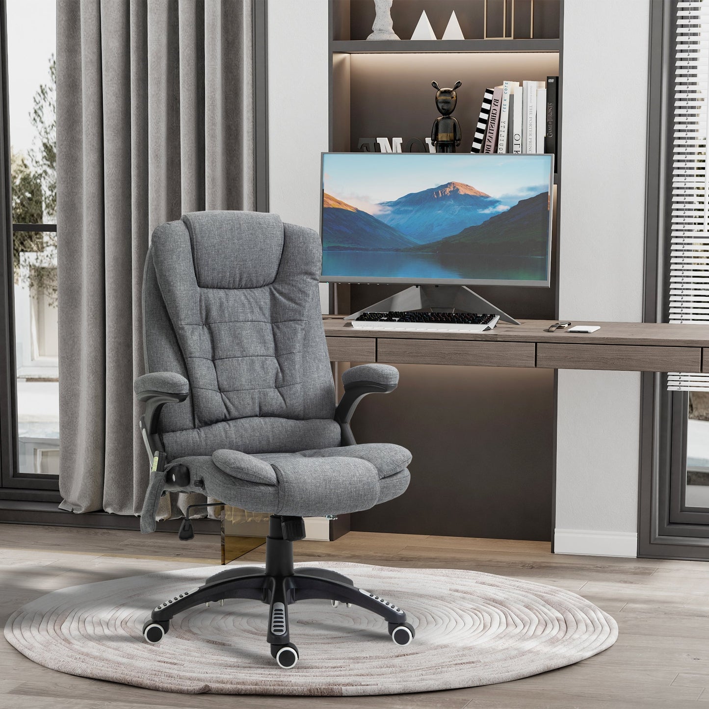 Vinsetto Massage Recliner Chair Heated Office Chair with Six Massage Points Linen-Feel Fabric 360Â° Swivel Wheels Grey