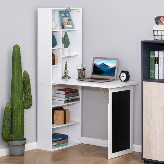 Fold-out Writing Desk Wall Mount Cabinet with Blackboard Side Shelf Multi-Function, White