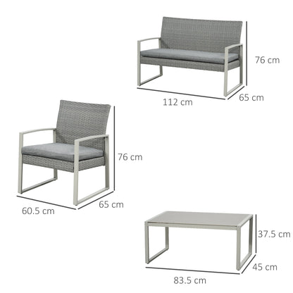 Outsunny 4 Seater Rattan Set 2 Single Sofa Armchairs and 1 Bench with Cushions & Coffee Table - Grey