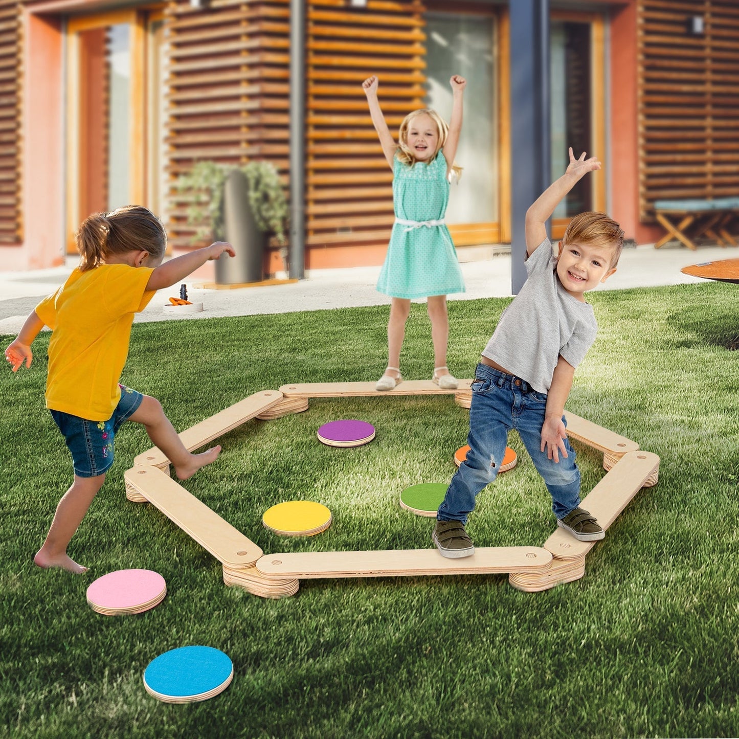 12 Pcs Kids Wooden Balance Beam with colourful Steeping Stones