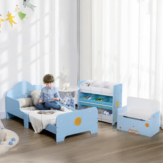 ZONEKIZ 3PCs Kids Bedroom Furniture Set W/ Bed Toy Box Storage Unit, Space, Blue