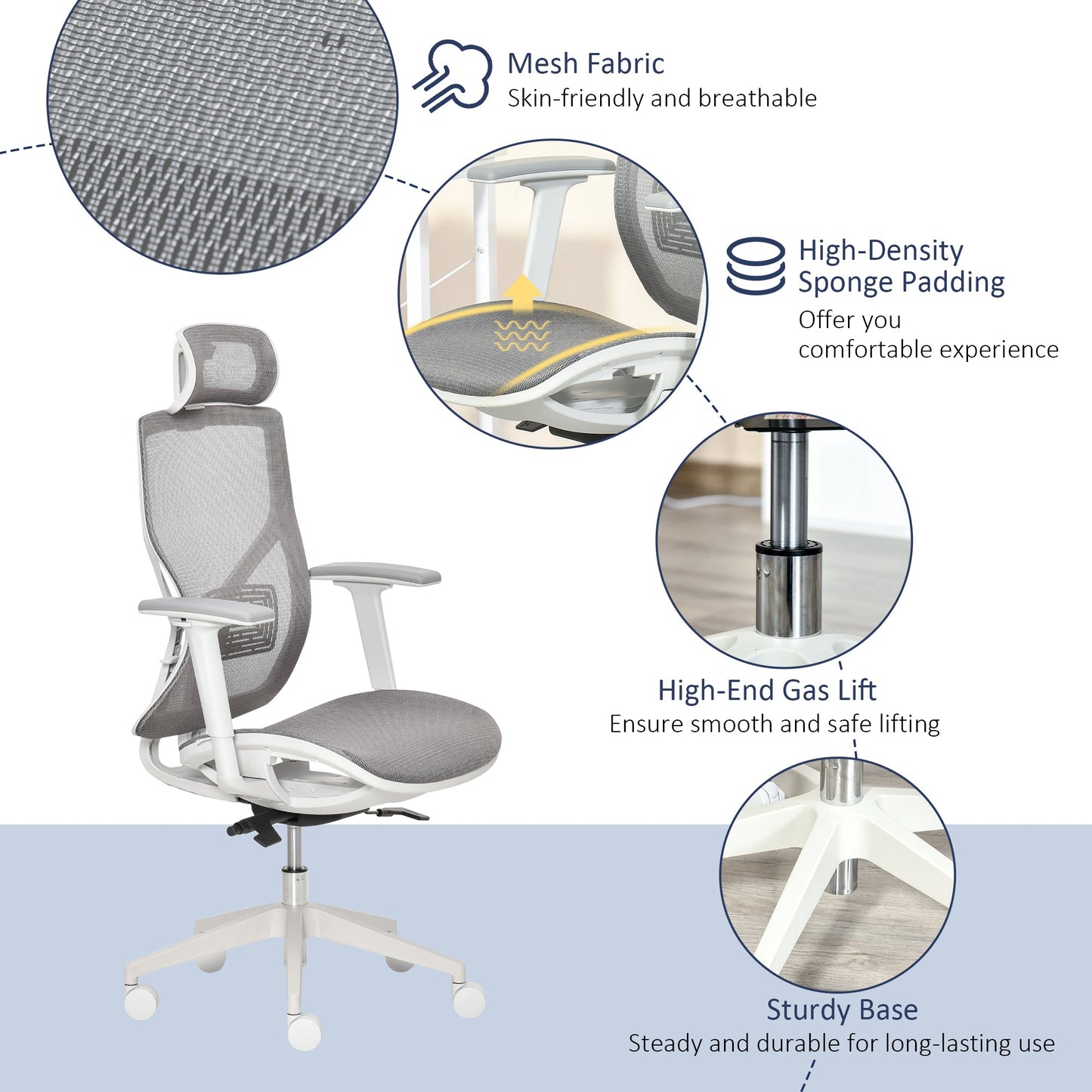 Vinsetto Adjustable Ergonomic Office Chair with Mesh Back - Grey