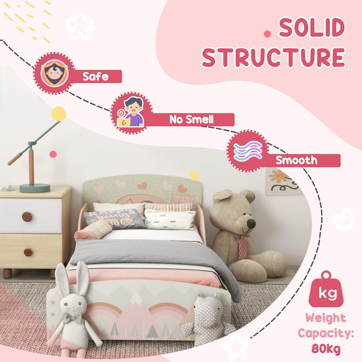 ZONEKIZ Toddler Bed Frame and Dressing Table Set, Pink Animal Design Furniture for Ages 3-6