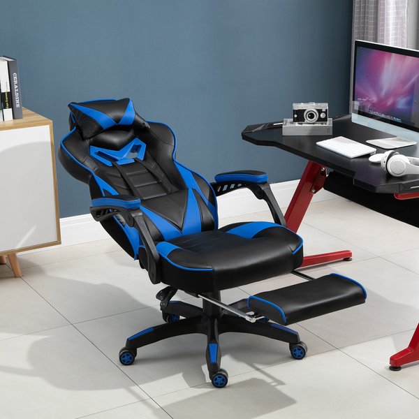  PU Leather Retractable Footrest Gaming Chair w/ Pillows- Blue/Black