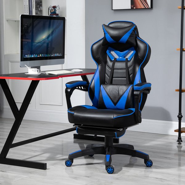  PU Leather Retractable Footrest Gaming Chair w/ Pillows- Blue/Black