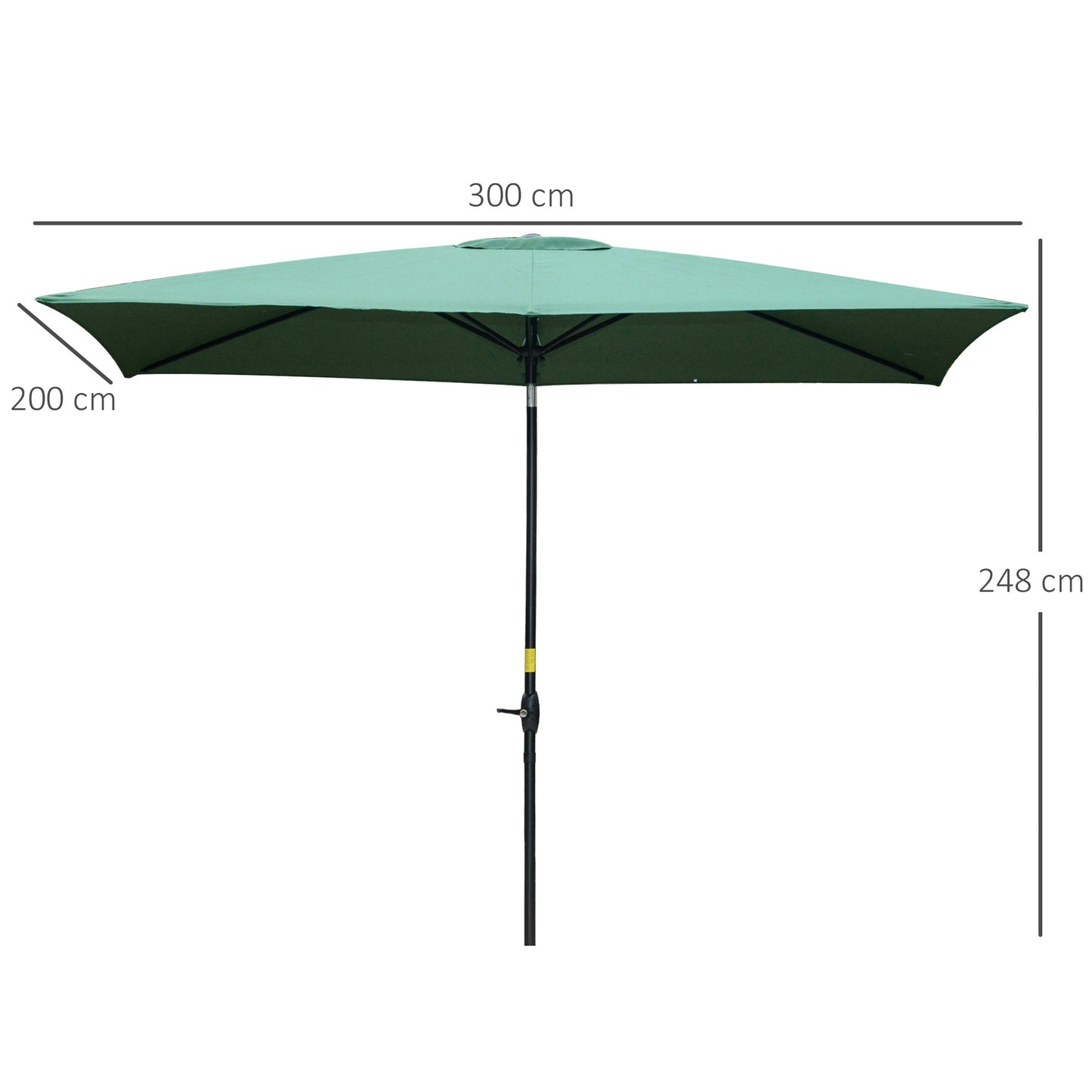 Outsunny 2 x 3(m) Garden Parasol Umbrella, Rectangular Outdoor Market Umbrella Sun Shade with Crank & Push Button Tilt, 6 Ribs, Aluminium Pole, Green