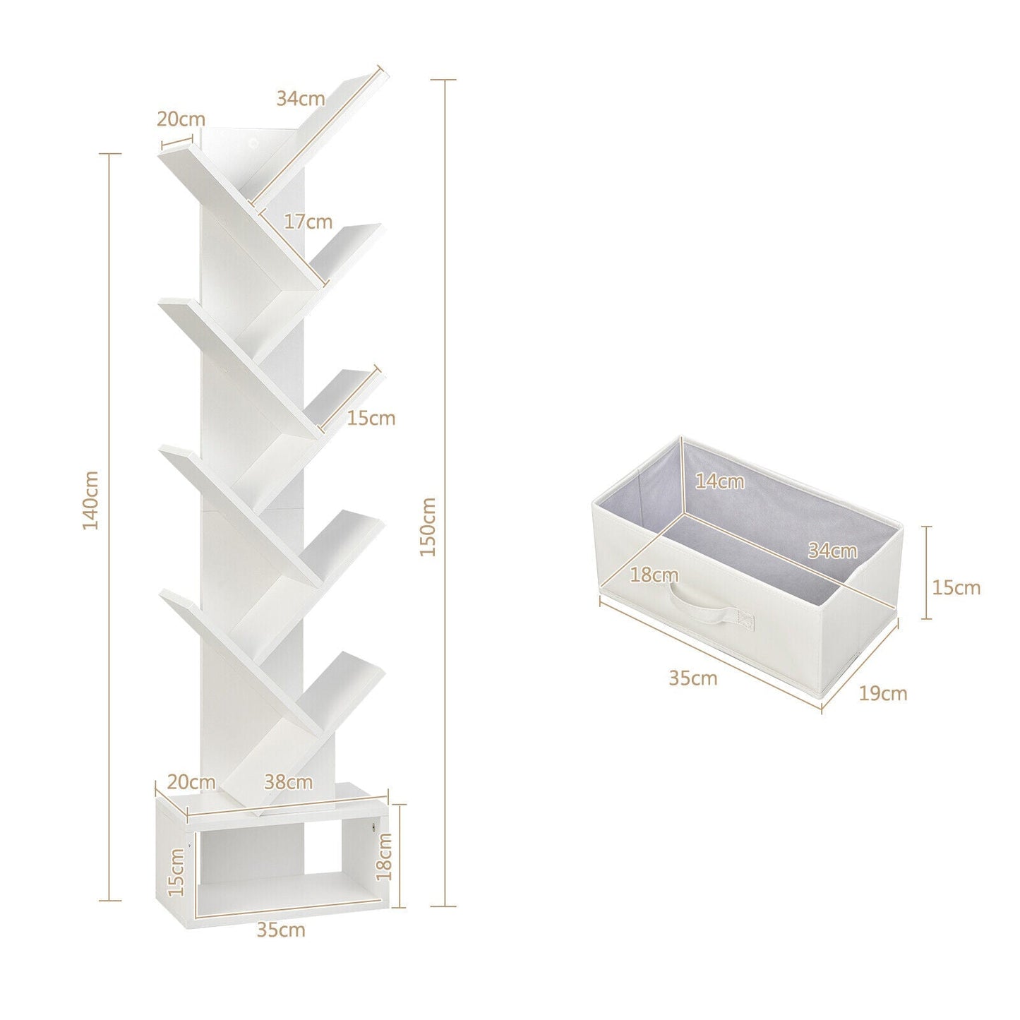 10-Tier Freestanding Tree Bookshelf with Drawer-White