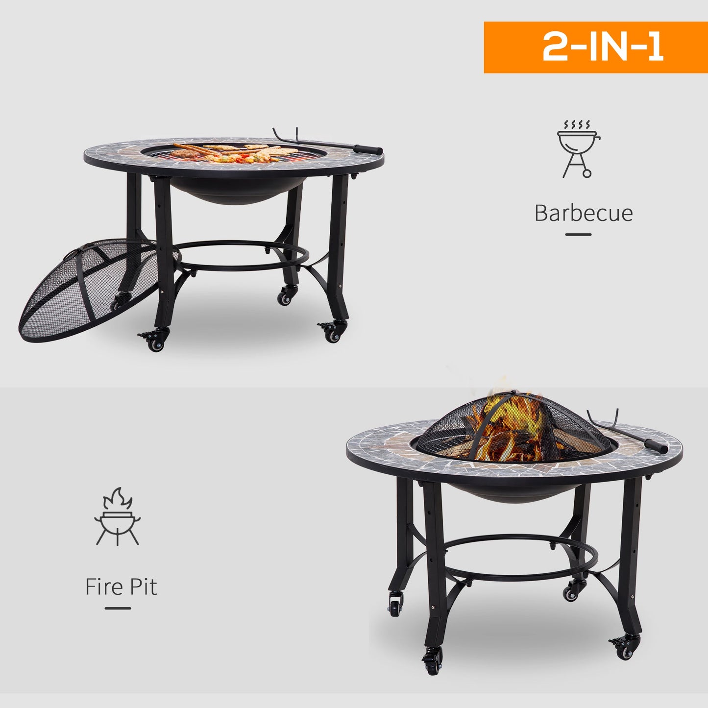 Outsunny 3-in-1 Outdoor Fire Pit on Wheels, Mosaic Garden Table, Patio Heater with Cooking BBQ Grill, Firepit Bowl with Screen Cover, Fire Poker for Backyard Bonfire