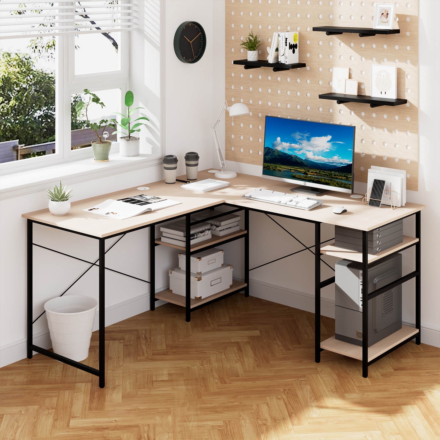 Wooden Industrial L-Shaped Desk with Storage Shelves-Natural