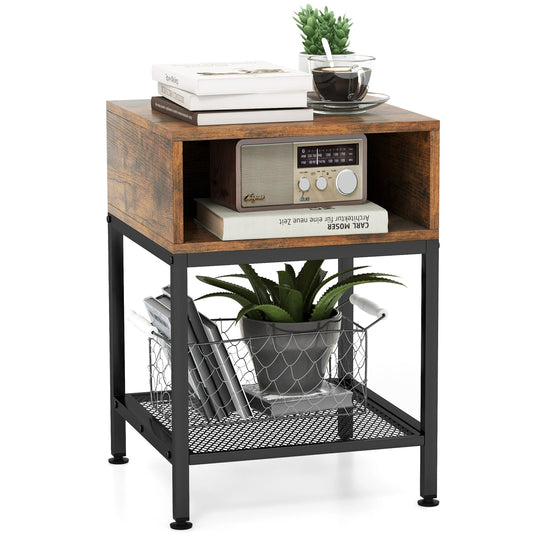 3-Tier Square End Table with Storage Cube and Mesh Shelf-Brown