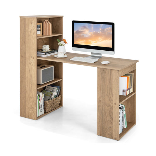 Modern 3-in-1 Wooden Computer Desk with 6-Tier Storage Bookshelves-Natural