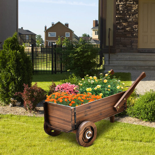 Wooden Wagon Planter Box with Wheels and Drainage Hole-Rustic Brown