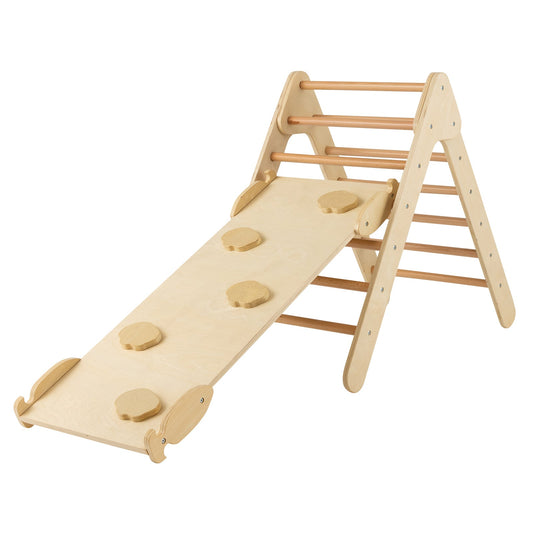 Wooden Triangle Climbing Ladder Set with 2-in-1 Reversible Ramp-Natural