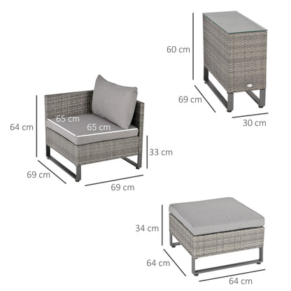 Outsunny 2 Seater Rattan Wicker Sofa Lounge Set with Coffee Table & Footstools - Grey