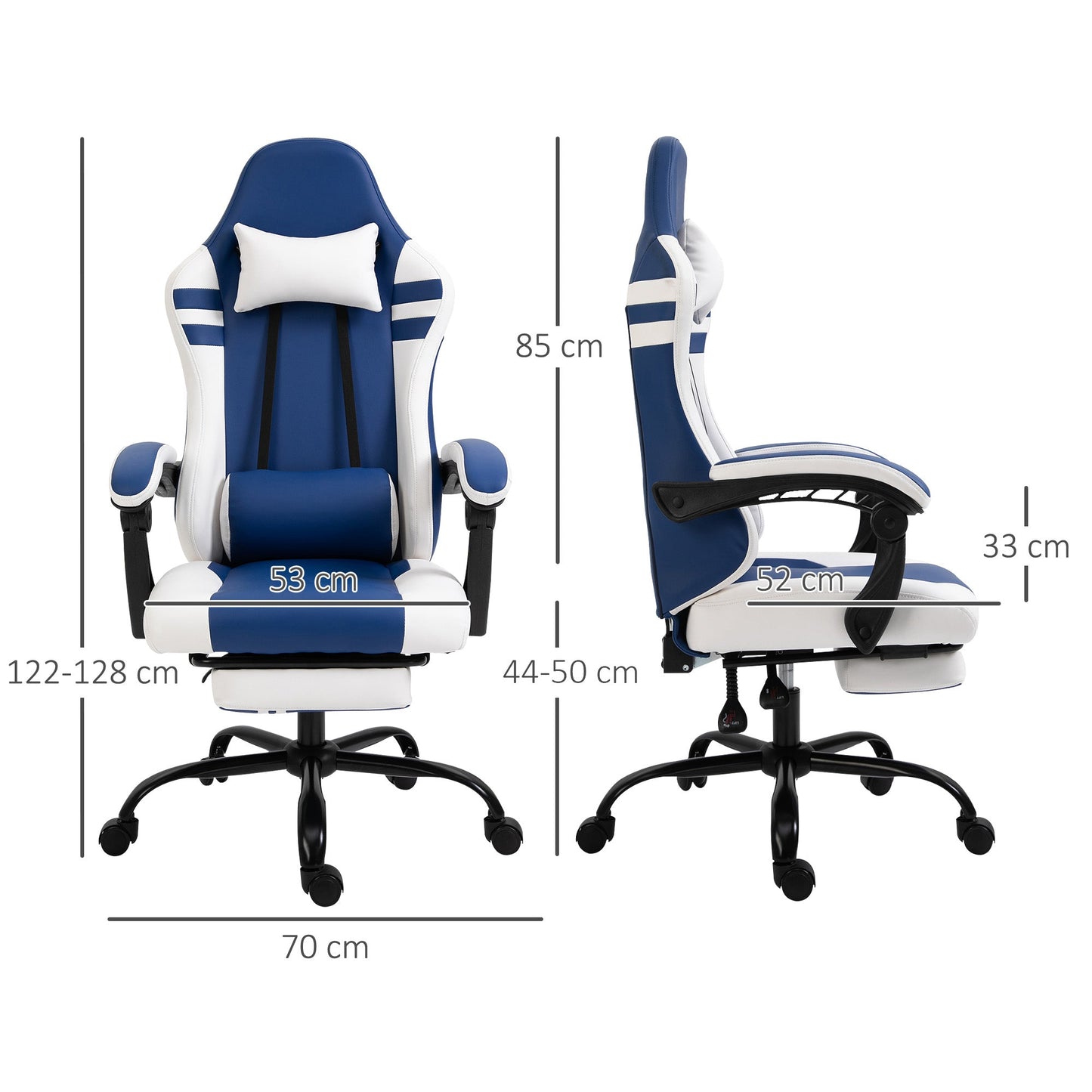 Vinsetto PU Leather Gaming Chair with Headrest, Footrest, Wheels, Adjustable Height - Blue/White