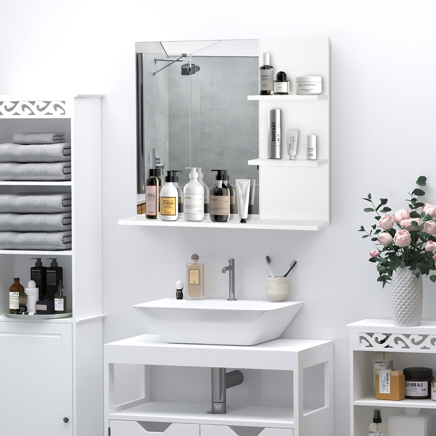 Wall Mounted Bathroom Mirror with 3 Tiers Storage Shelves - White