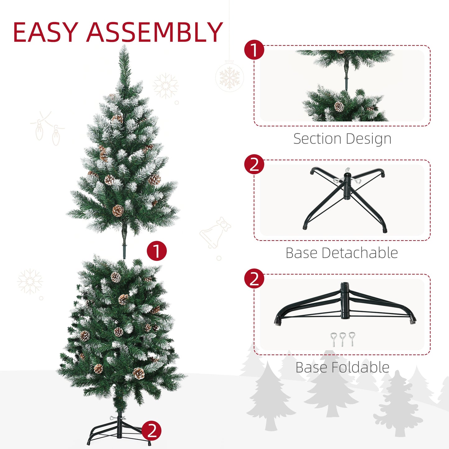 HOMCOM 5 Ft Snow Artificial Christmas Tree with Realistic Branches, Pine Cone, for Indoor Decoration, Green White