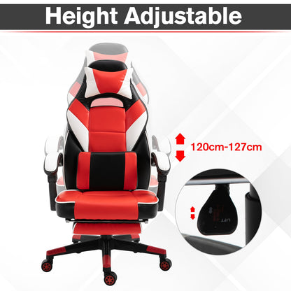 Vinsetto Cool & Stylish Gaming Chair Ergonomic Recliner w/ Thick Padding Footrest Neck & Back Pillow 5 Wheels Racing Swivel Height Adjustable Home Office Red