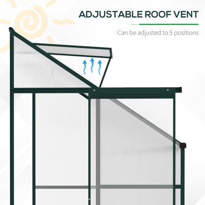 Walk-In Lean to Greenhouse Garden Heavy Duty Aluminium Polycarbonate with Roof Vent for Plants Herbs Vegetables, Green, 192 x 127 x 220 cm