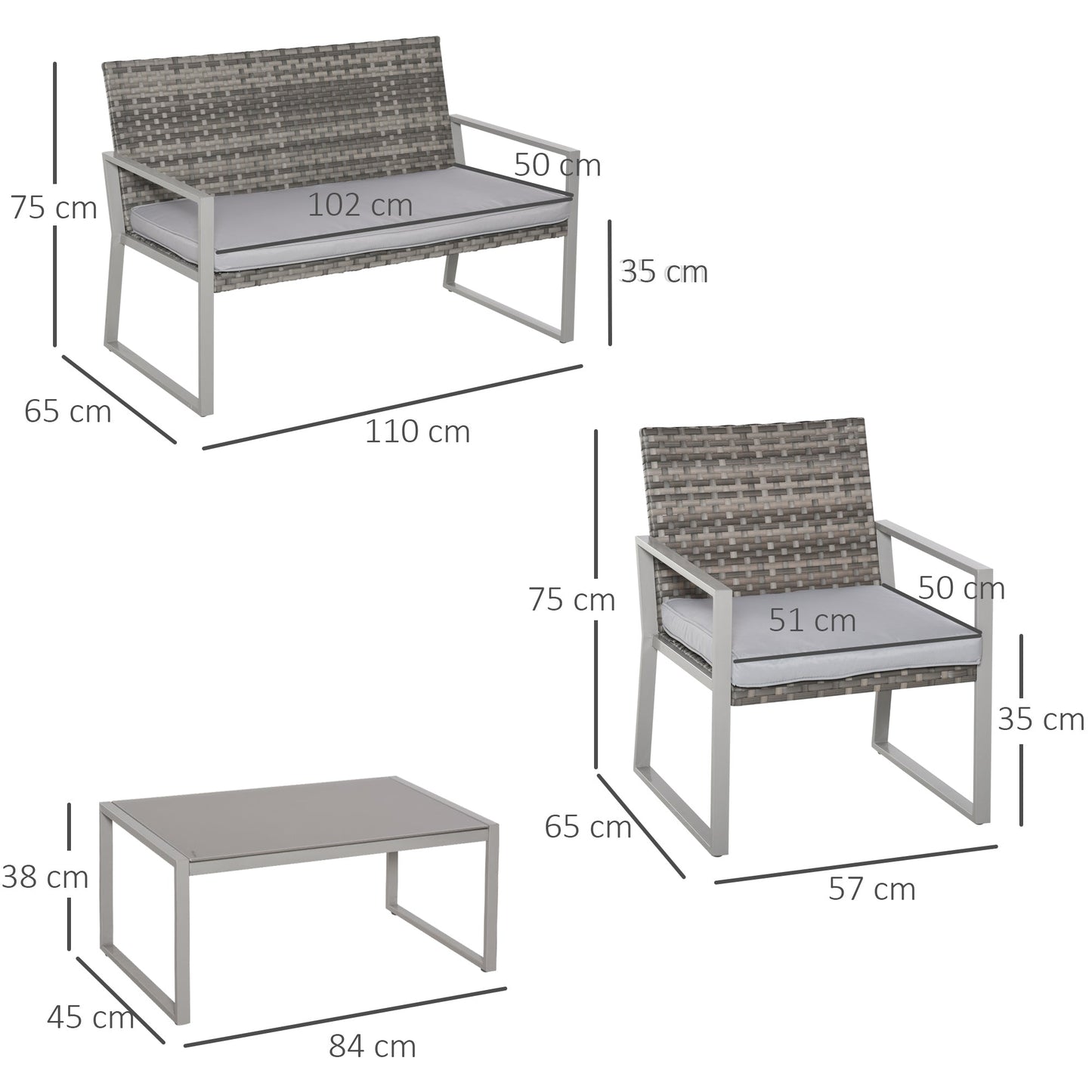 Outsunny 4 Seater Rattan Set 2 Single Sofa Armchairs and 1 Bench with Cushions & Coffee Table - Mixed Grey