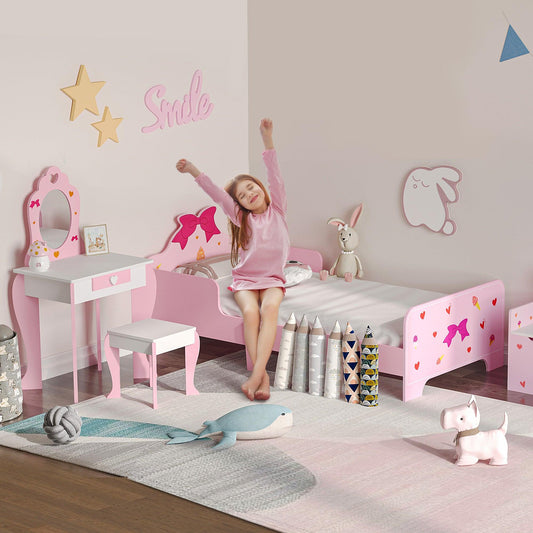 ZONEKIZ 3PCs Kids Bedroom Furniture Set with Bed, Princess Themed for 3-6 Years Old Pink