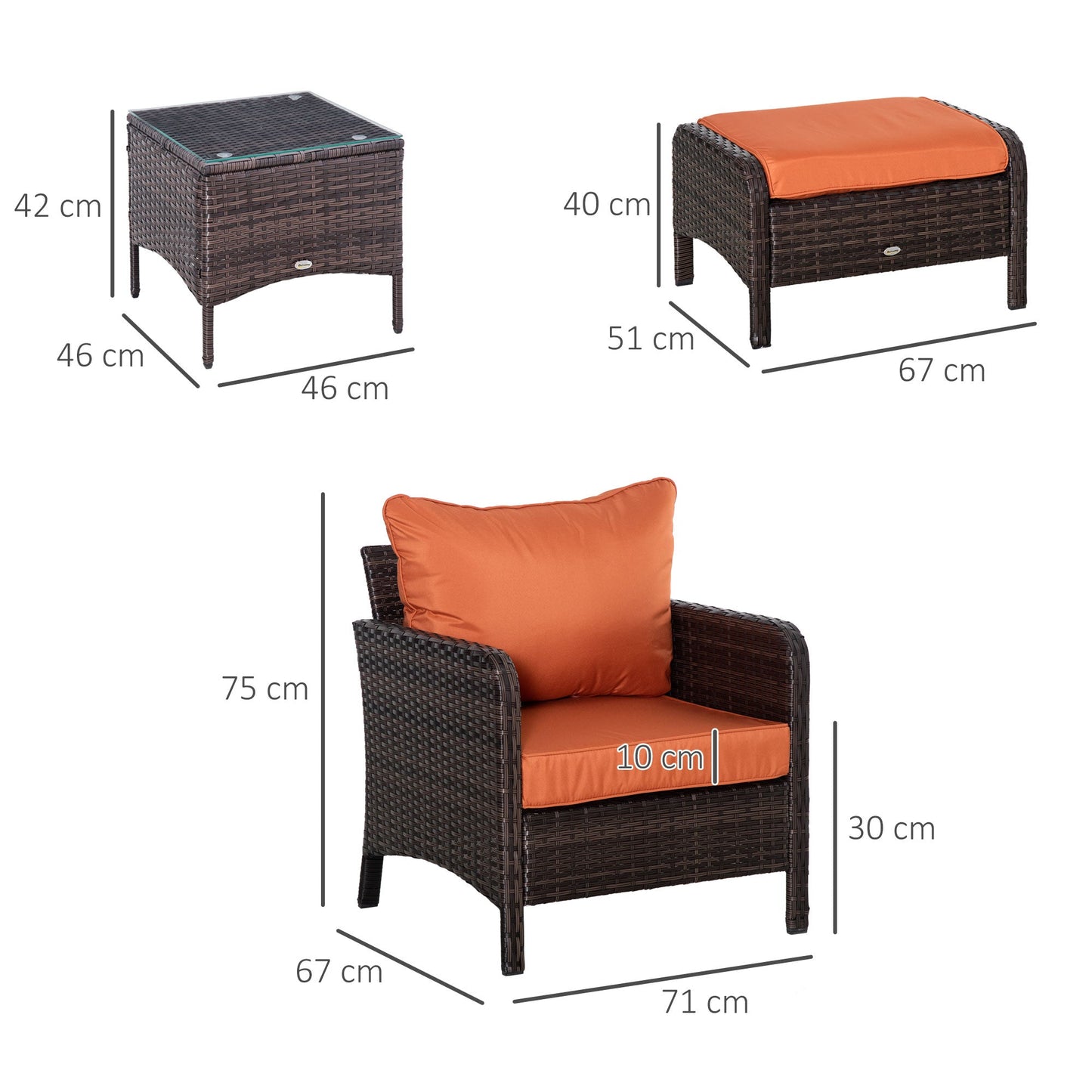 Outsunny 5 Pieces PE Rattan Garden Furniture Set with 10cm Thick Padded Cushions, Wicker Weave Outdoor Seating Chairs with 2 Armchairs, 2 Stools, Glass Top Table, Brown