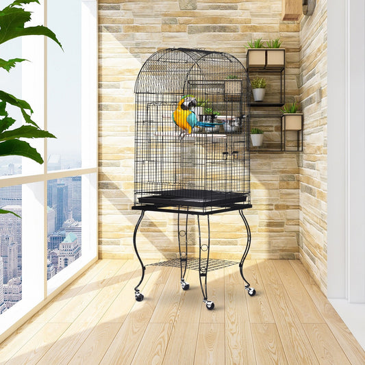 Metal Wire Bird Cage Parrot Cage Steel Pipe Bird Stand with Wheels 51Lx51Wx137H cm-Black