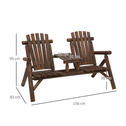 Wood Patio Chair Bench 2 Seats with Center Coffee Table, Garden Bench Backyard Benches, Perfect for Lounging and Relaxing Outdoors, Carbonized w/ Bench,