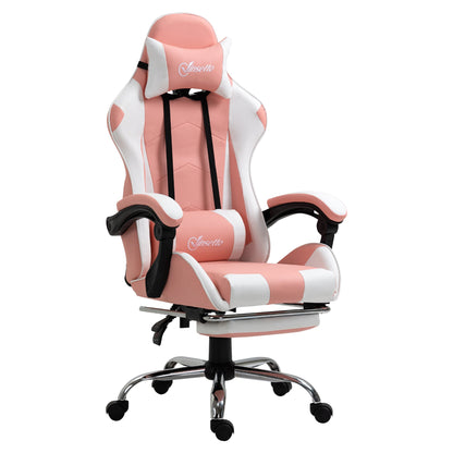 Vinsetto Gaming Chair with Head and Back Pillow, Retractable Footrest - Pink