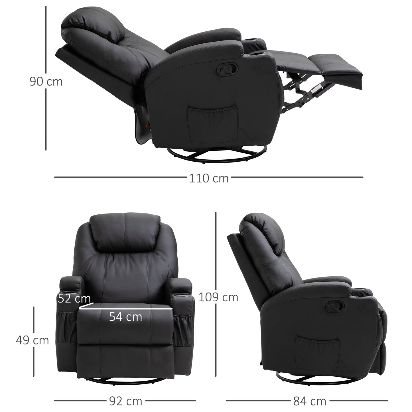 Recliner Sofa Chair PU Leather Armchair Cinema Massage Chair Swivel Nursing Gaming Chair Black