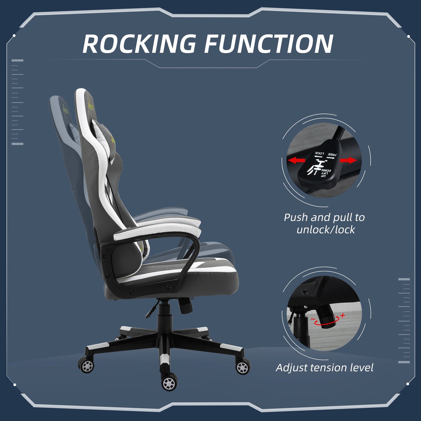 Vinsetto PVC Leather Racing Gaming Chair with Lumbar Support and Headrest - Grey/White