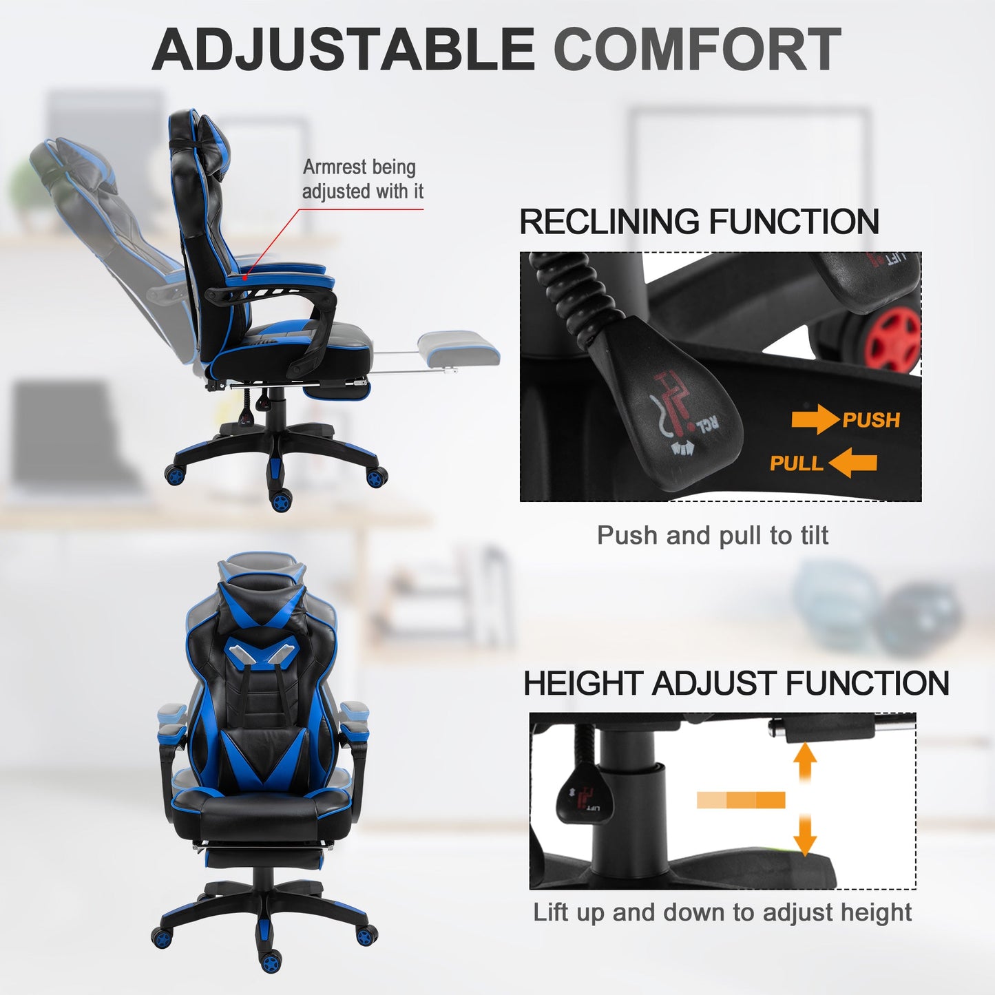 Vinsetto Ergonomic Racing Gaming Chair Office Desk Chair Adjustable Height Recliner with Wheels, Headrest, Lumbar Support, Retractable Footrest Blue