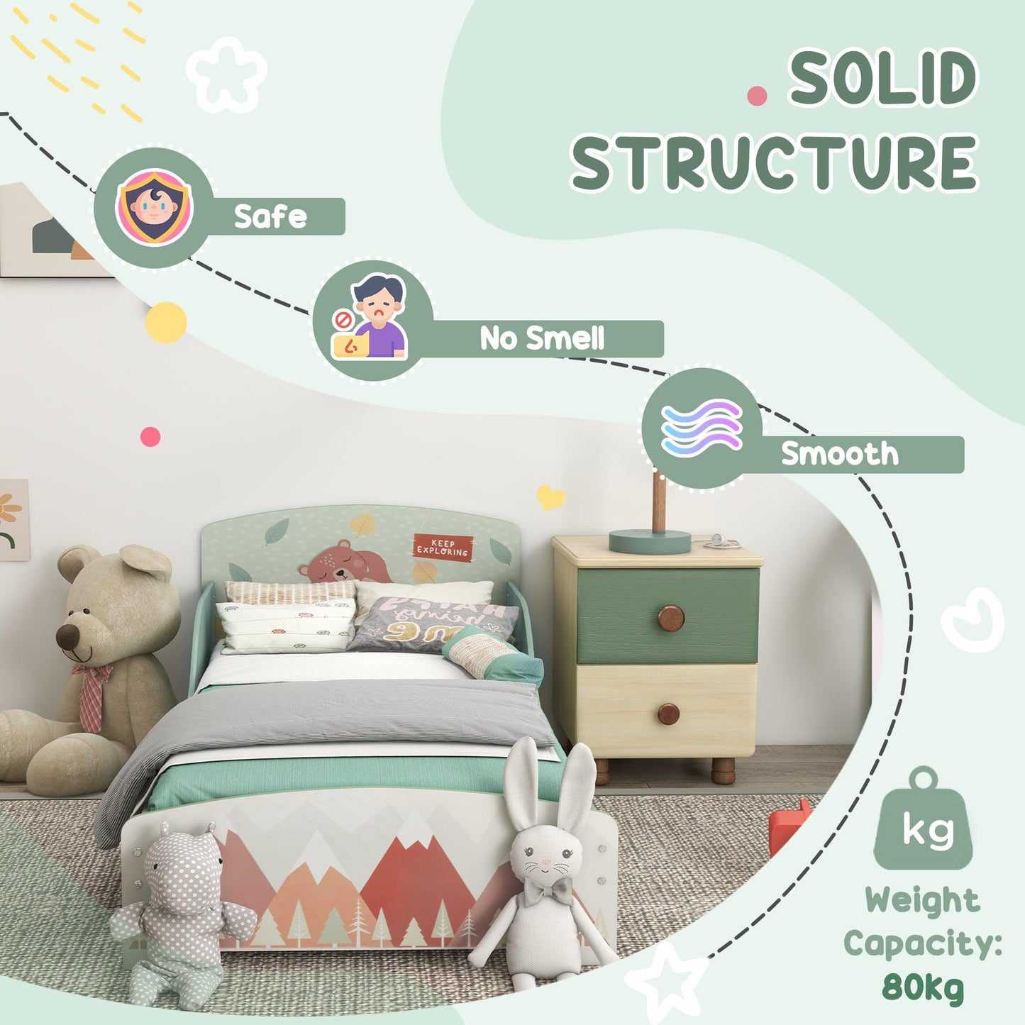 ZONEKIZ Green Animal Design Toddler Bed Frame and Dressing Table Set