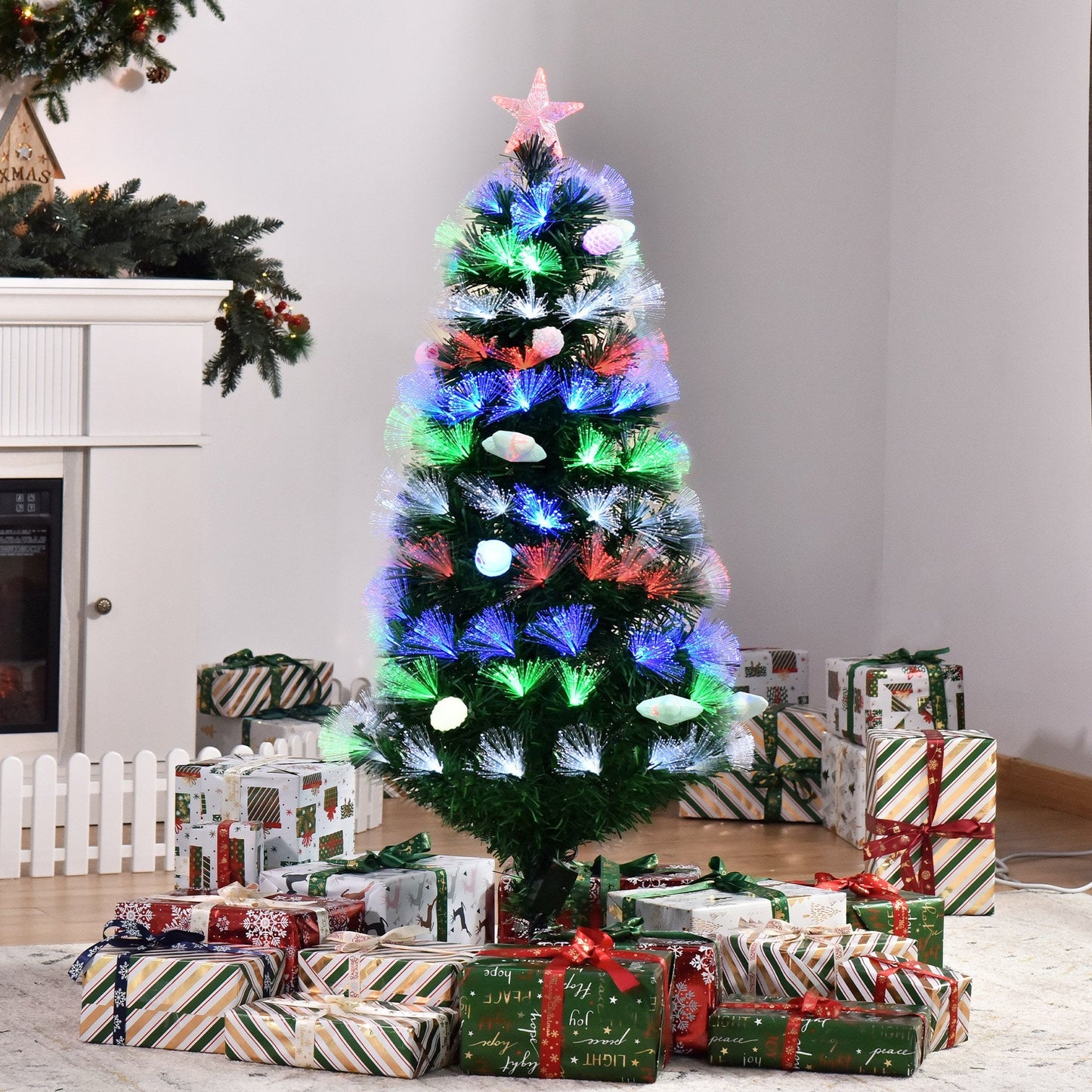 HOMCOM 4FT Pre-Lit Artificial Christmas Tree w/ Fibre Optic Baubles Fitted Star LED Light Holiday Home Xmas Decoration-Green