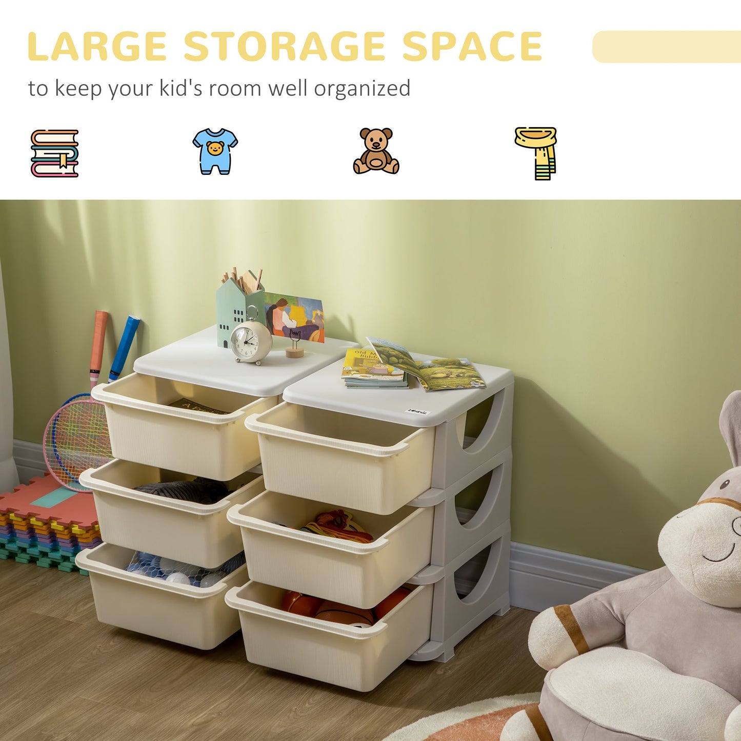 ZONEKIZ Kids Storage Units with 6 Drawers, 3 Tier Kids Toy Storage Organizer, Vertical Dresser Tower for Nursery Playroom Kindergarten, Cream