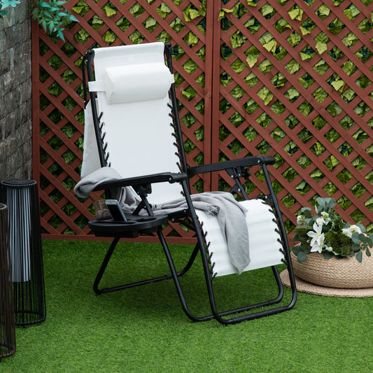 Zero Gravity Garden Deck Folding Chair Patio Sun Lounger Reclining Seat with Cup Holder & Canopy Shade - White