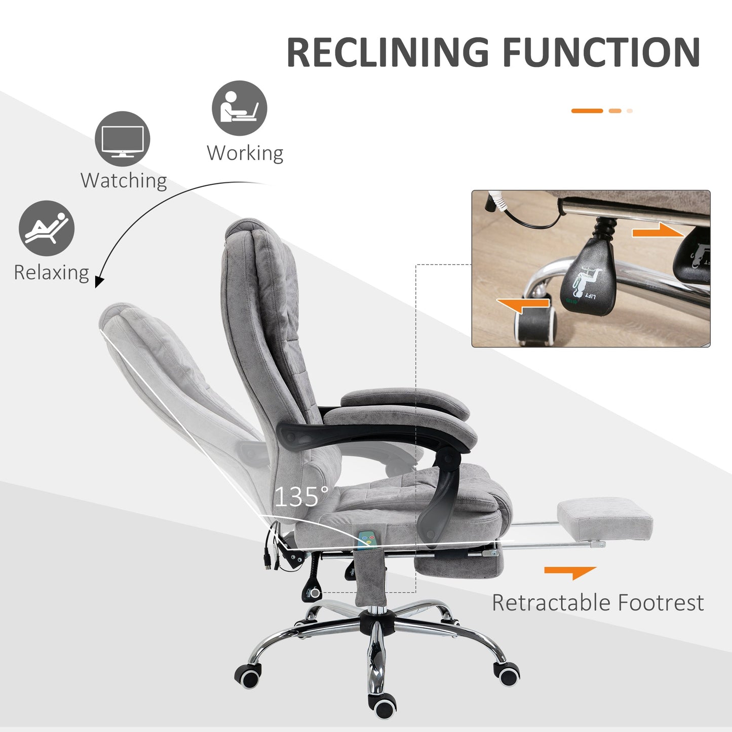 Vinsetto Adjustable Office Chair with High Back Footrest and 6 Points Heating Massage Function - Grey