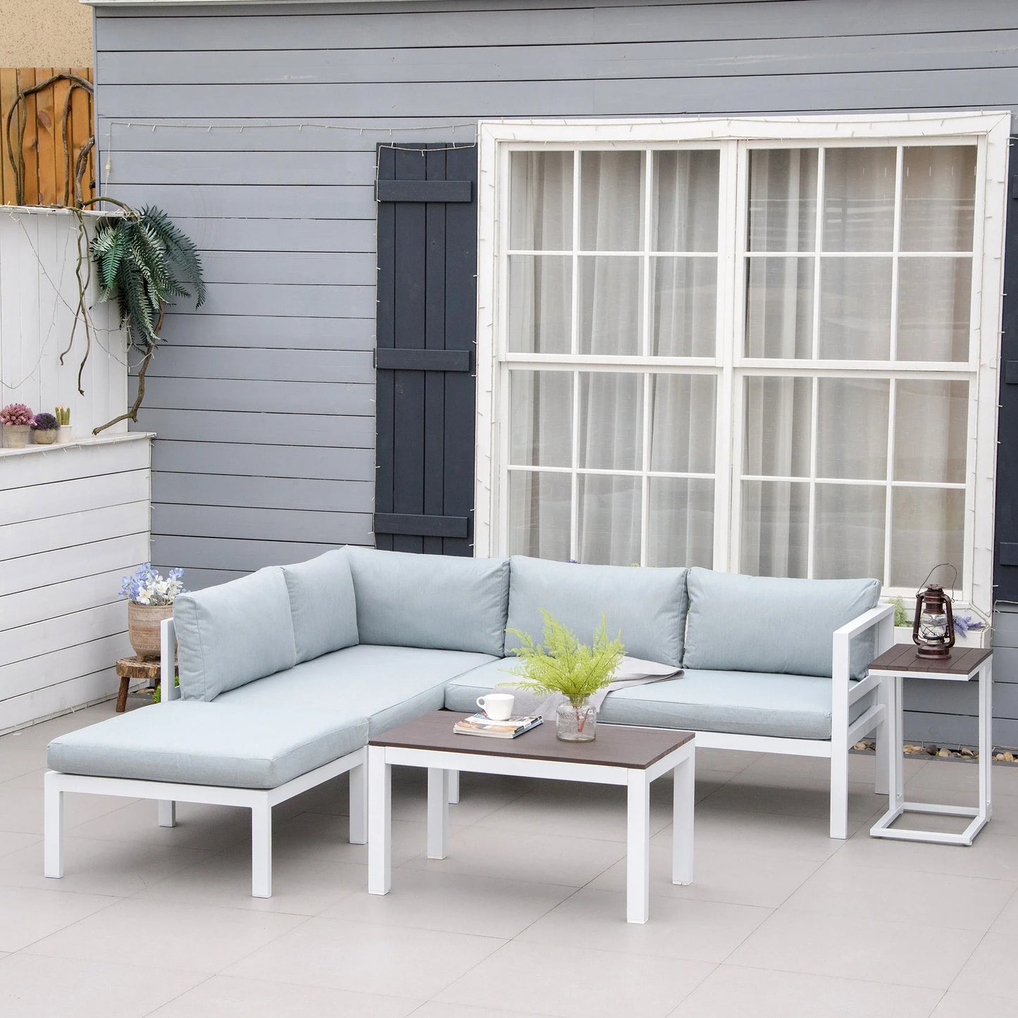 Outsunny 5-Piece L-shaped Garden Furniture Set Corner Sofa with Coffee Table - White Frame