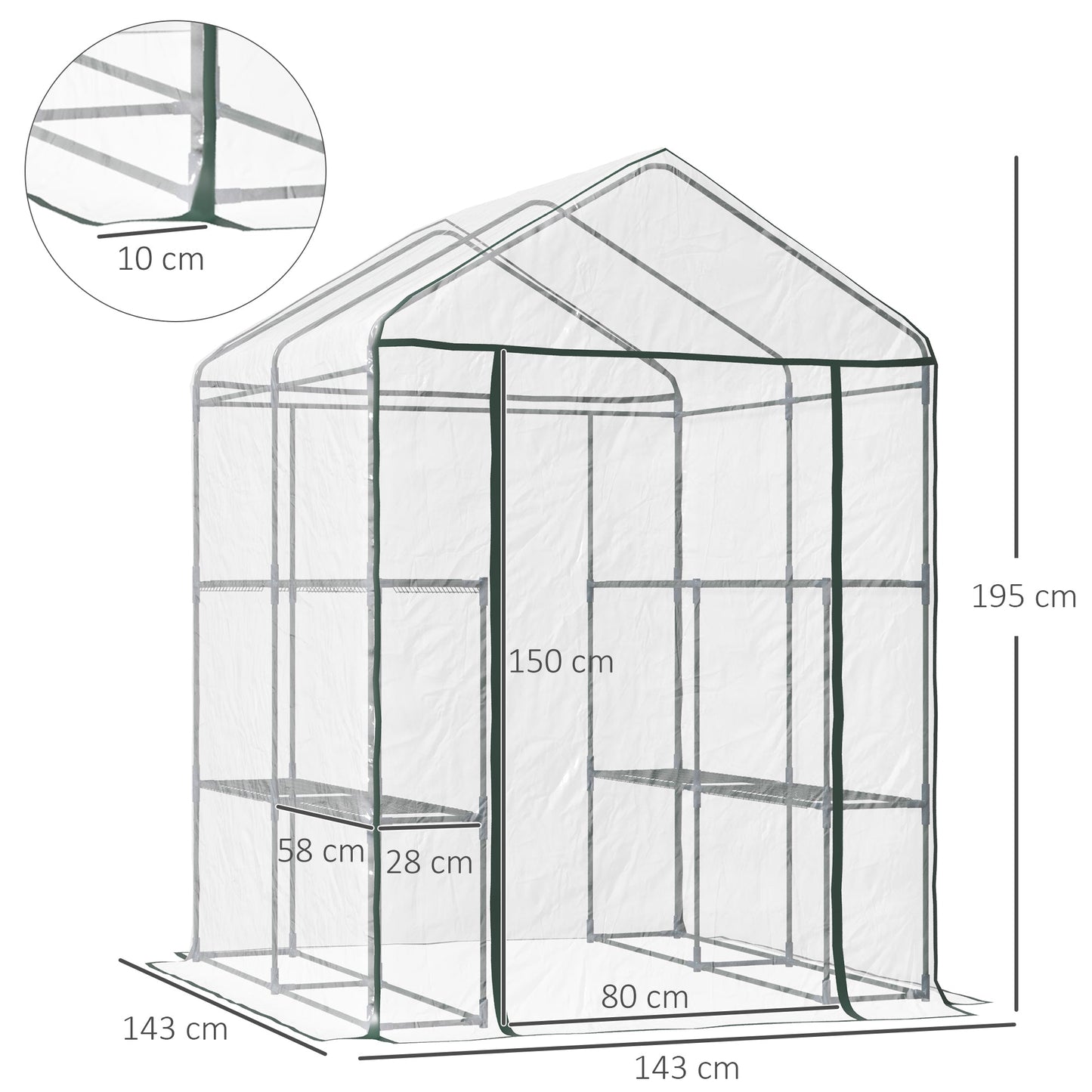 بيت زجاجي محمول من Outsunny بمساحة 143 × 143 × 195 سم، مكون من 3 طبقات، مع 8 أرفف، وإطار معدني، وفيلم PVC، شفاف